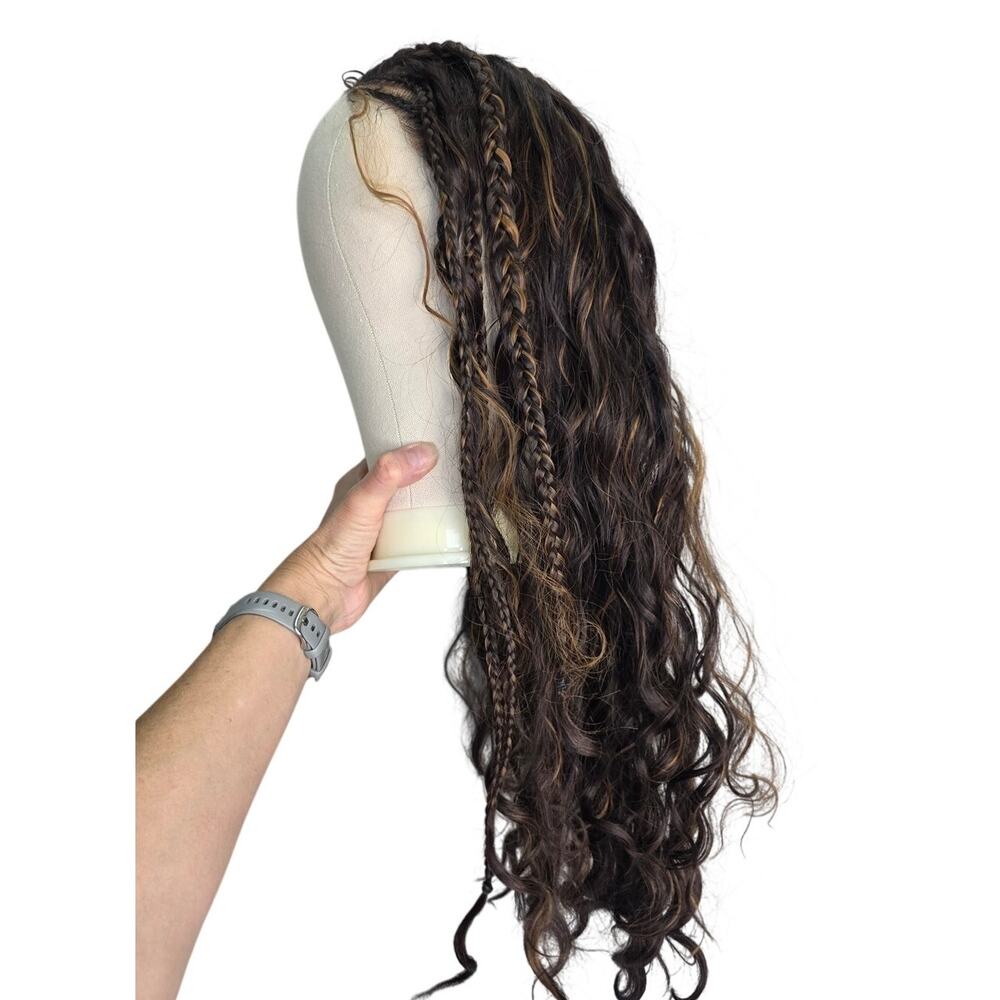 13x4 Fulani Boho Braided Wig 26" Curly Lace Front Synthetic Brown Blonde